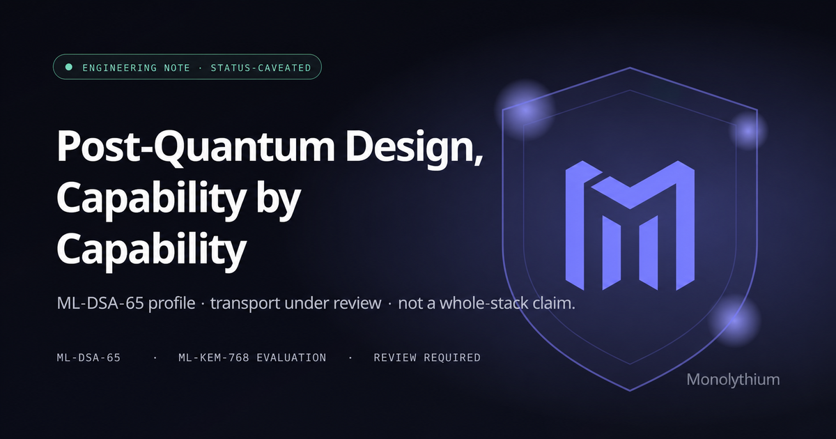 Status-caveated Monolythium engineering cover: ML-DSA-65 profile, ML-KEM-768 evaluation, transport under review, and no whole-stack claim.