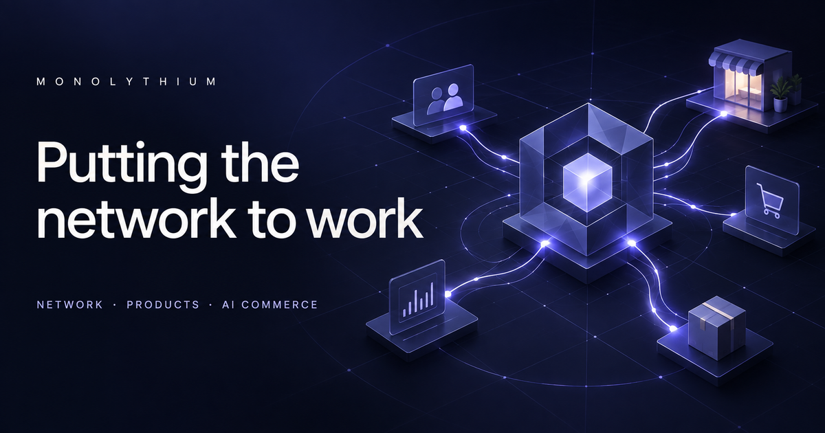 Abstract Monolythium network core connecting people, commerce, and products.