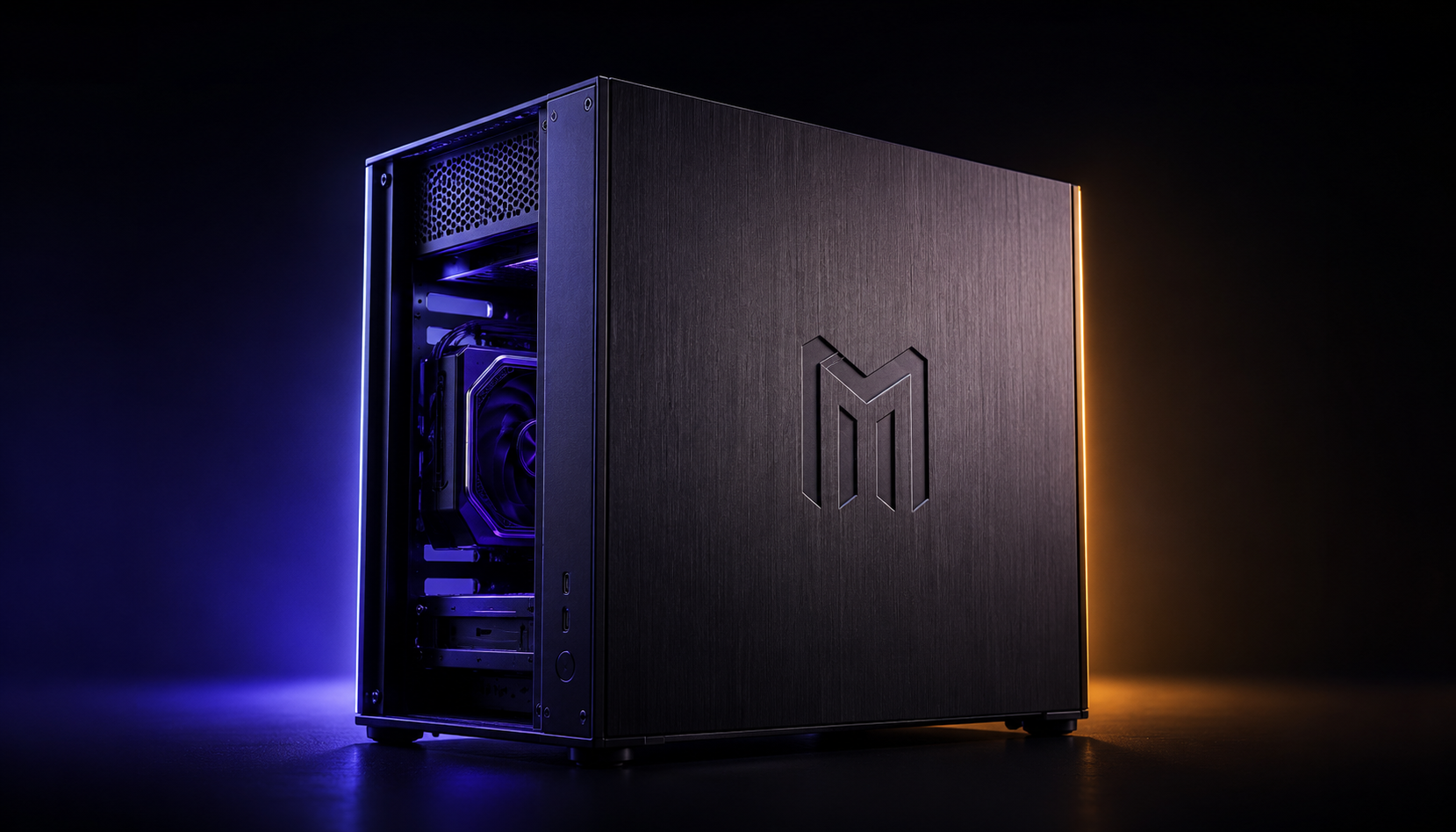 The Monolythium Genesis Node — a hand-built mini-ITX operator box with the brand mark etched into a brushed aluminum side panel, photographed in dramatic indigo and amber rim light.